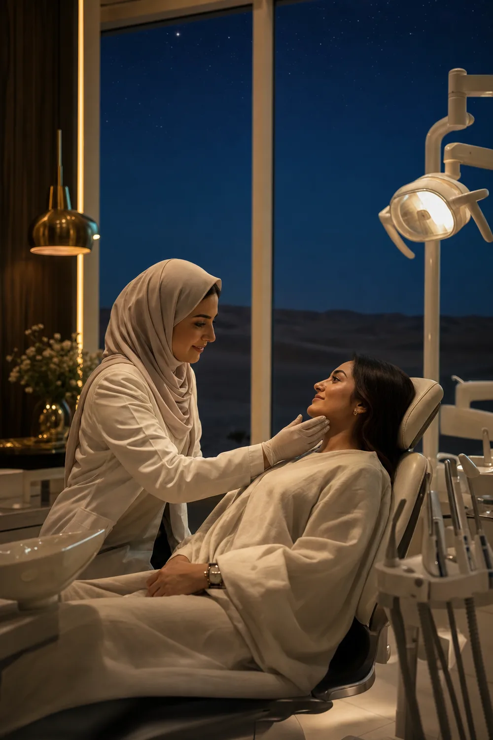 A dentist in a hijab reassuring her patient in a warm-lit clinic, a starry desert night through the window behind them