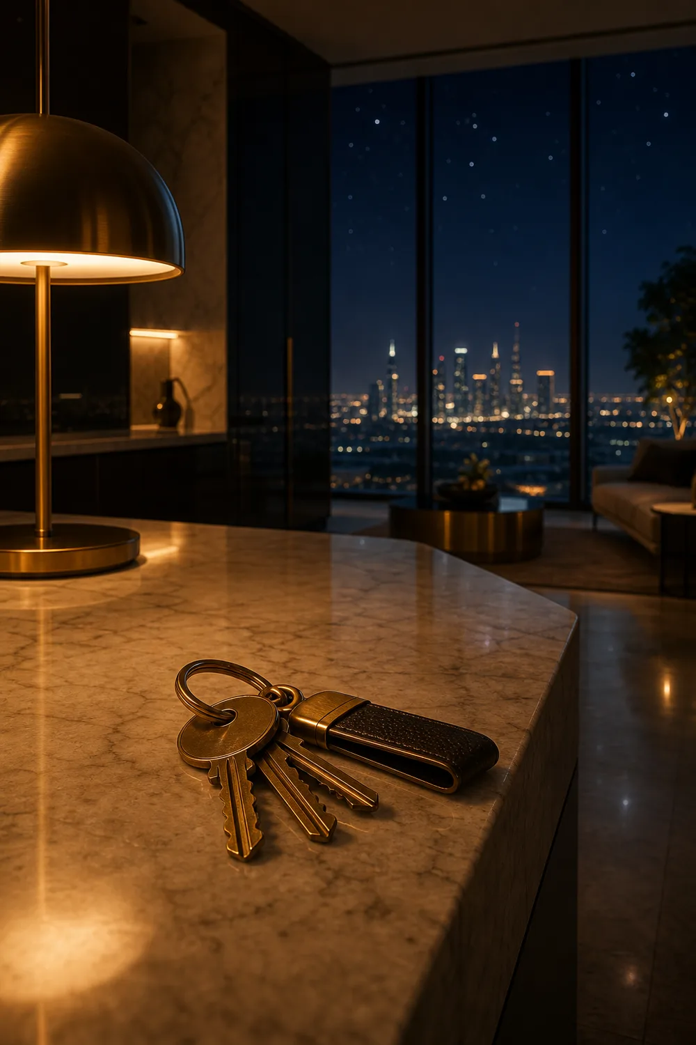 Brass keys on a marble counter in an empty luxury apartment at night, a glittering Gulf skyline and starry sky through the window
